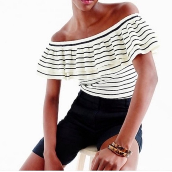 J Crew Off The Shoulder Ruffle Striped Knit Sweater, Sleeveless Black/White, XXS - Picture 2 of 11